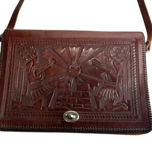 Vintage Brown Tooled Leather Stitched Mayan Inca Sun God Purse Bag Damaged Aztec